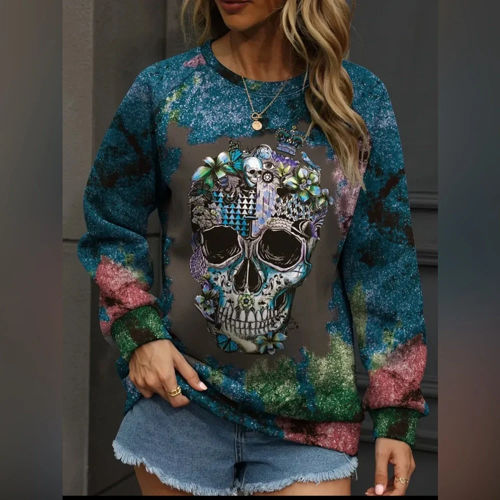 NWOT Plus Size Women’s Long Sleeve Lightweight Halloween Sugar Skull Sweatshirt - Picture 6 of 15